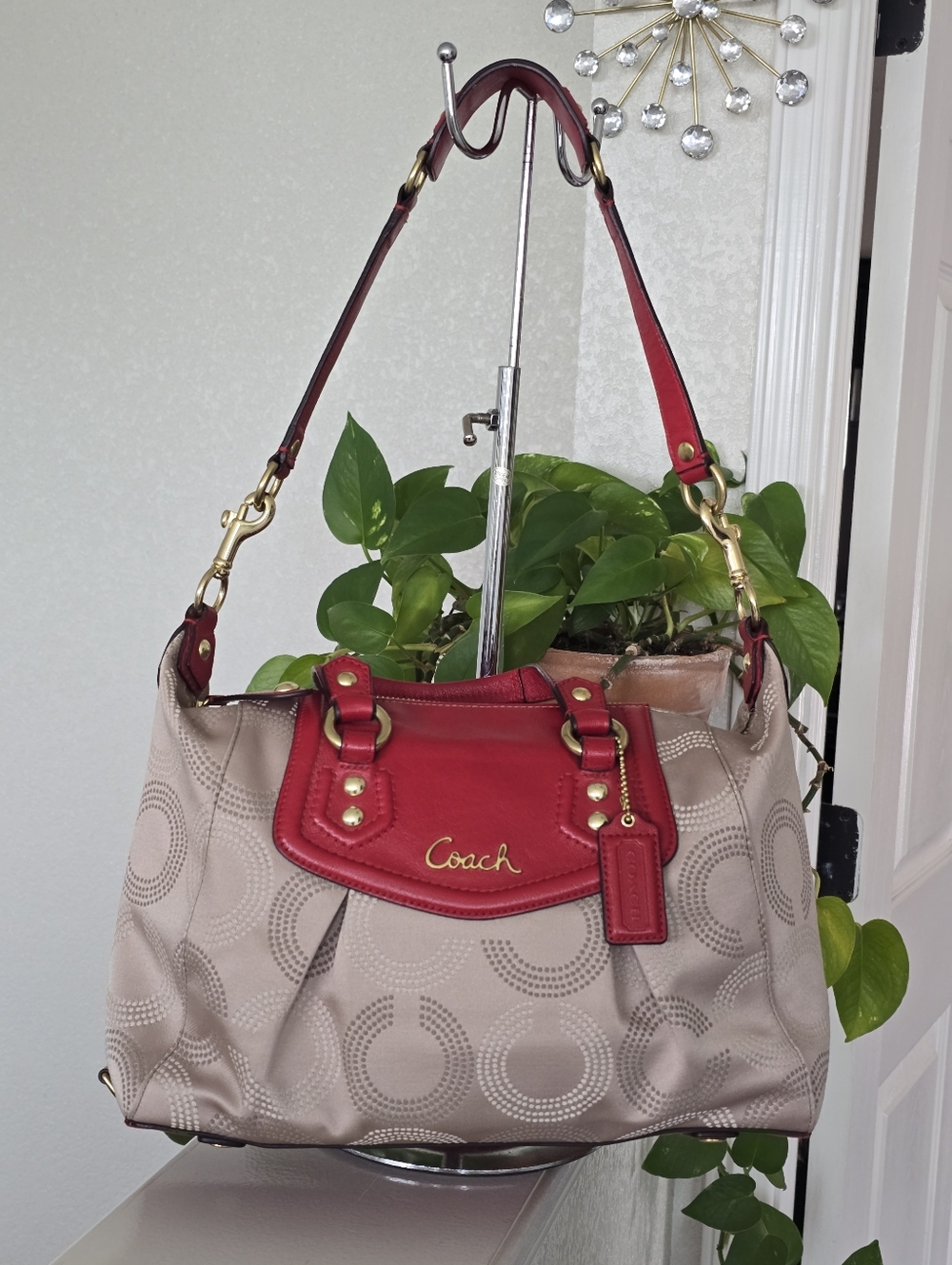 Coach Ashley Dotted Op Art Beige Red Carryall Satchel #F20027 - Picture 5 of 16